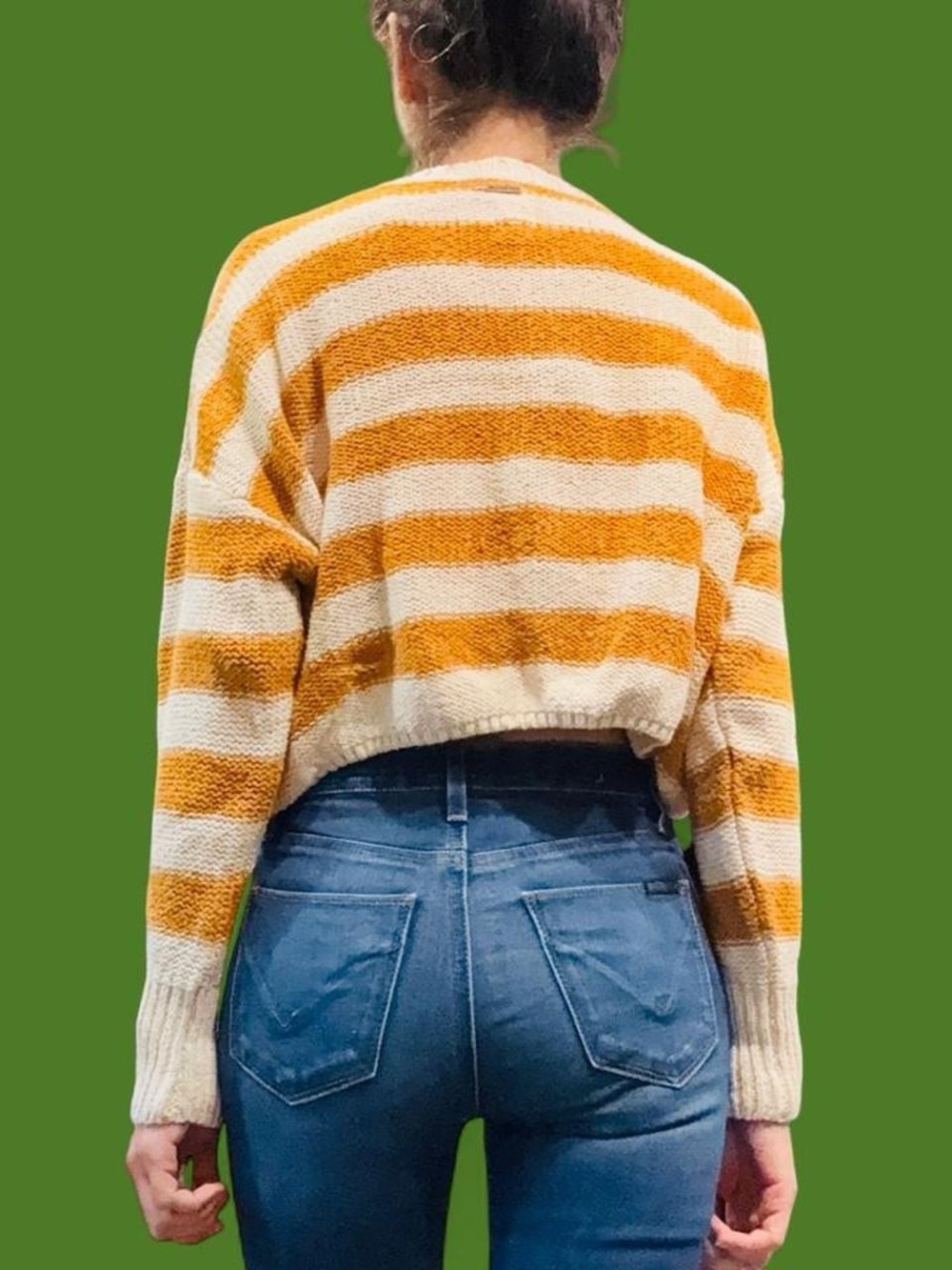 Billabong Striped Cropped Sweater Small Yellow Cream Chunky Knit Beachy - Picture 6 of 12